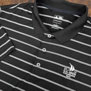 Adidas PureMotion Men's Polo Shirt Black White Striped PGA 2015 US‎ OPEN Sz L